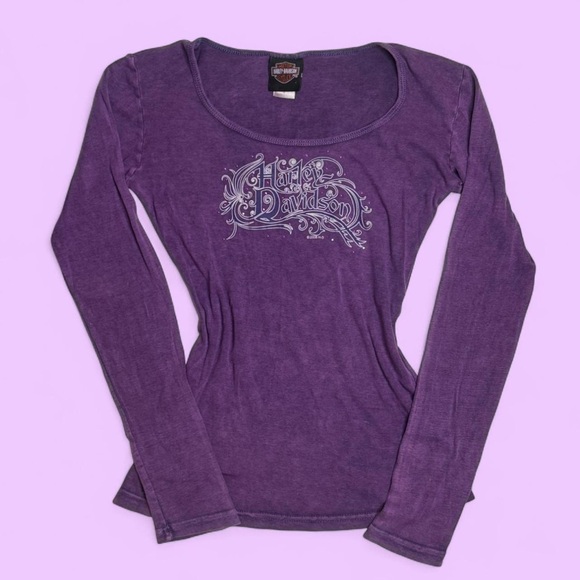 Cyber Y2k 2008 Harley Davidson Purple Rhinestone Long Sleeve Round Neck Shirt - Picture 1 of 7